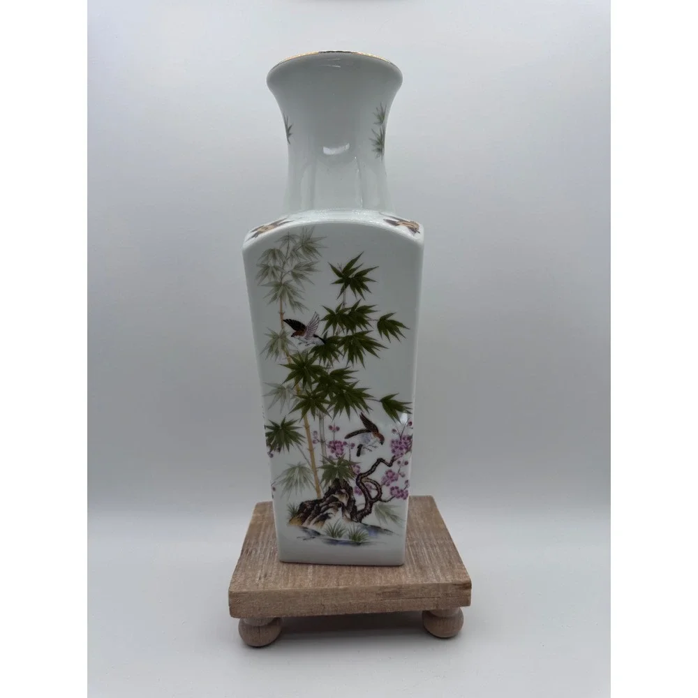 Satsuki Japan Porcelain Vase Vintage Bamboo Birds Cherry Blossom Gold Rim